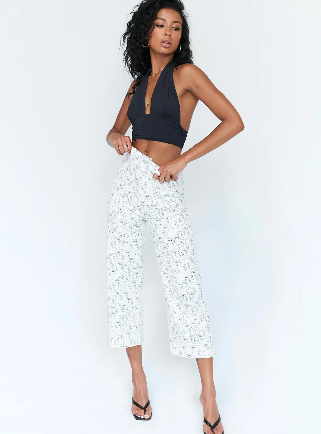 Princess Polly Nelly Wide Leg Face Print Pants White Multi Clearance