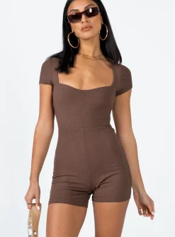 Princess Polly Nolan Short Sleeve Romper  Brown Sale