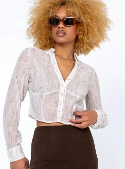 Princess Polly Oliver Long Sleeve Shirt  Beige Cheap