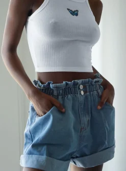 Princess Polly Open Road Denim Paper Bag Shorts  Pale Blue Sale