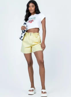 Princess Polly Open Road Denim Paper Bag Shorts Lemon   Yellow New