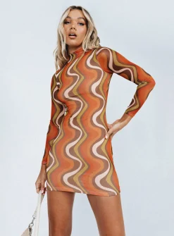 Princess Polly Orion Long Sleeve Mini Dressmulti Orange Outlet