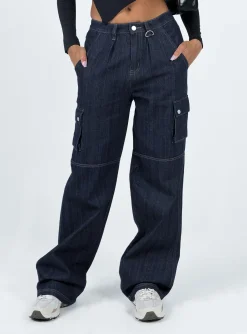 Princess Polly Paige Mid Rise Cargo Jean Dark Wash  Denim Store