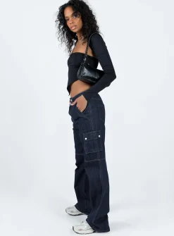 Princess Polly Paige Mid Rise Cargo Jean Dark Wash  Denim Store