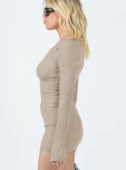 Princess Polly Palmer Long Sleeve Mini Dress  Beige Discount