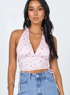Princess Polly Penelope Halter Top Pink   Pink Floral Clearance