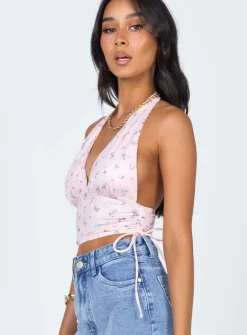 Princess Polly Penelope Halter Top Pink   Pink Floral Clearance