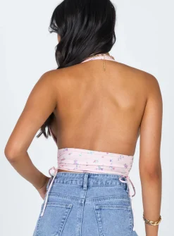 Princess Polly Penelope Halter Top Pink   Pink Floral Clearance