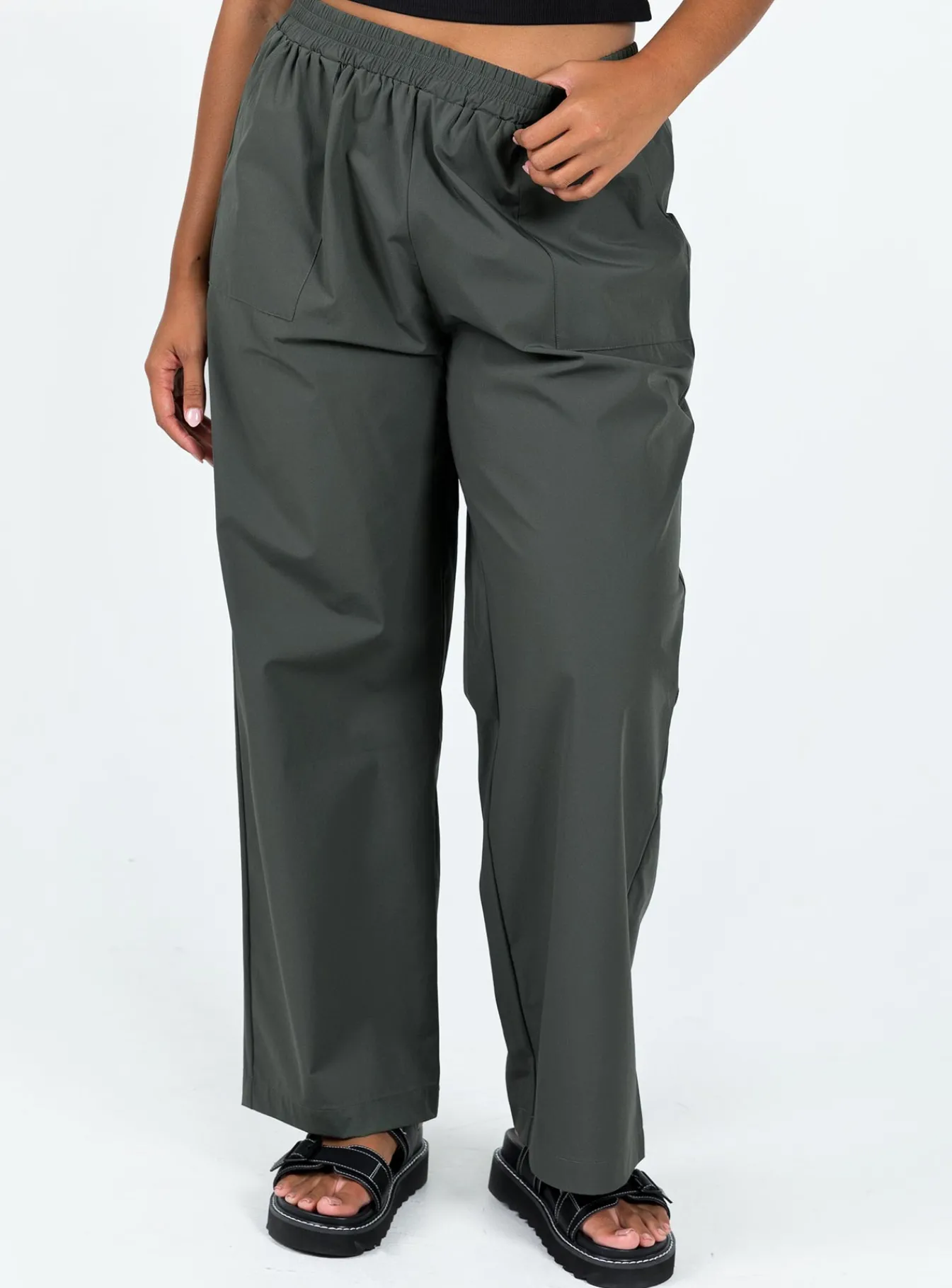 Princess Polly Plevna Nylon Pants Olive Clearance