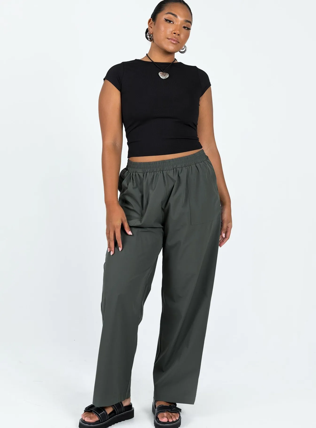 Princess Polly Plevna Nylon Pants Olive Clearance