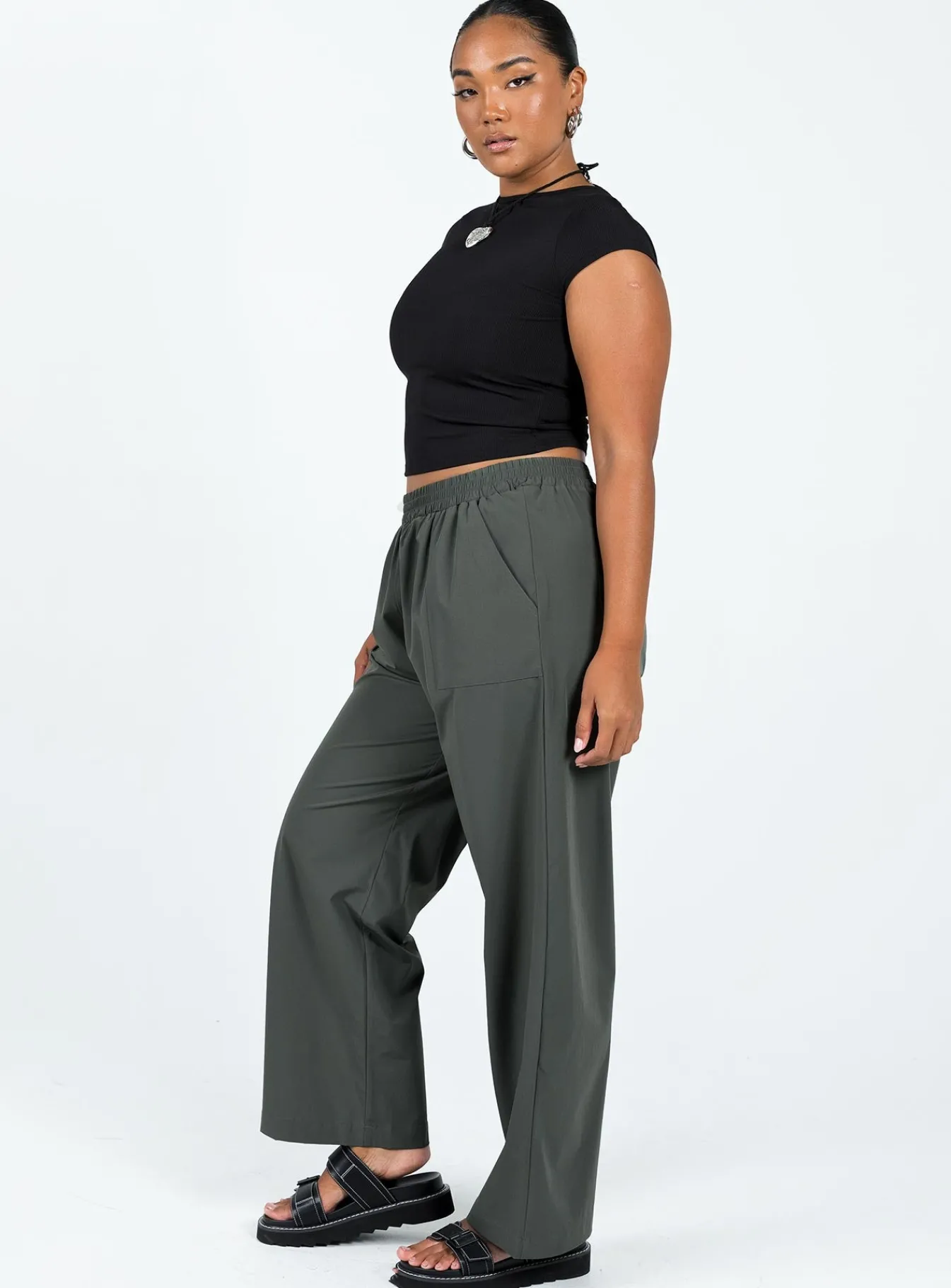 Princess Polly Plevna Nylon Pants Olive Clearance