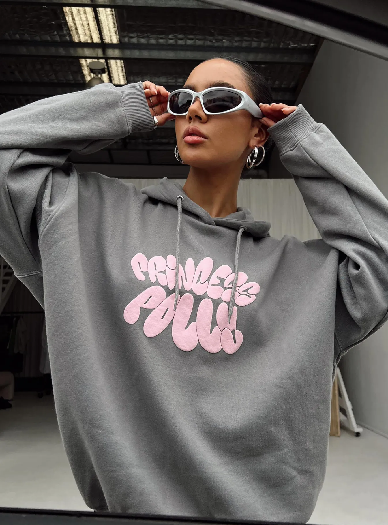 Princess Polly Hoodie Sweatshirt Bubble Text Charcoal / Pink Hot
