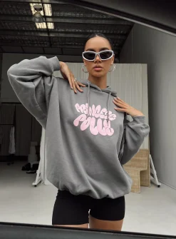 Princess Polly Hoodie Sweatshirt Bubble Text  Charcoal / Pink Hot