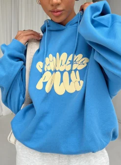 Princess Polly Hoodie Sweatshirt Bubble Text Blue / Yellow Flash Sale