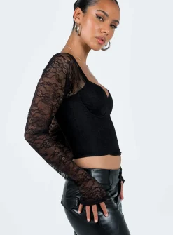 Princess Polly Purnell Long Sleeve Lace Top Black Flash Sale