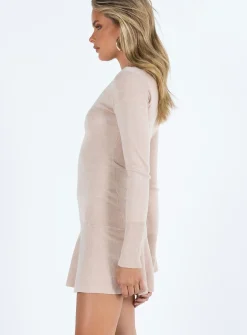 Princess Polly Rafter Long Sleeve Mini Dress Beige Store