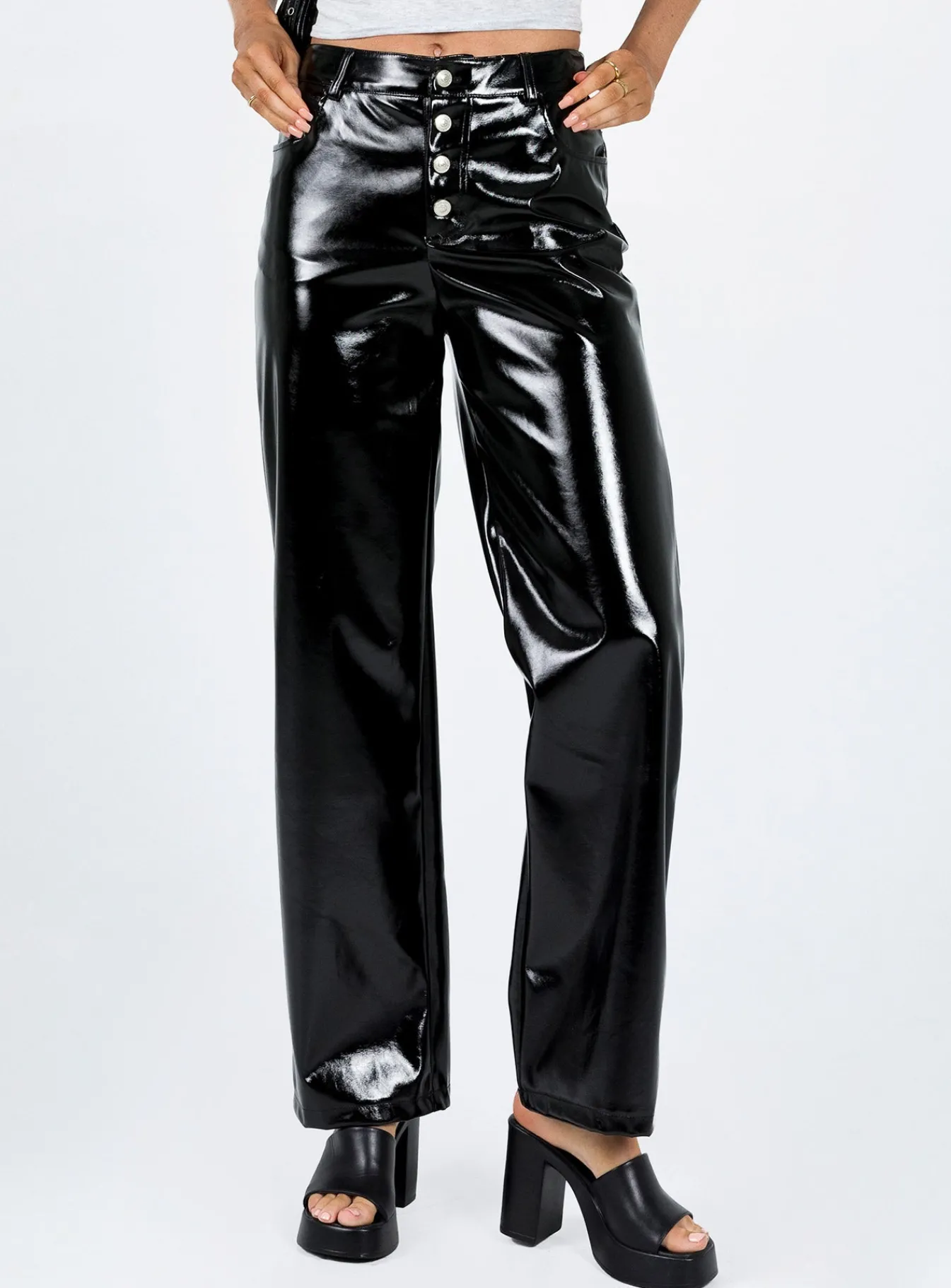 Princess Polly Renni Low Rise Vinyl Pants Black New