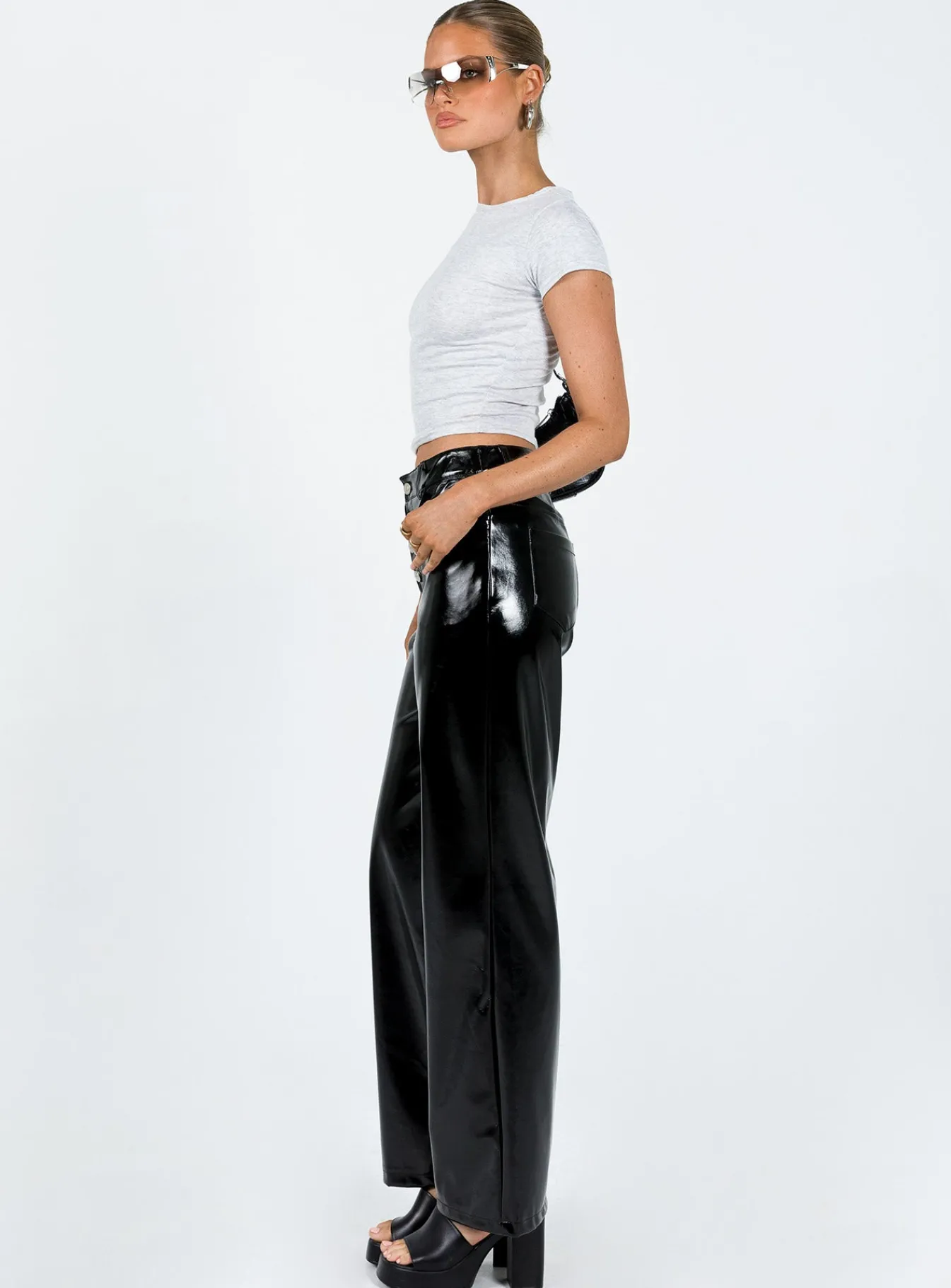 Princess Polly Renni Low Rise Vinyl Pants Black New
