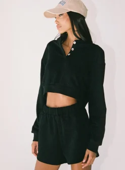 Princess Polly Rise &Amp; Lounge Cropped Henley Sweatshirt  Black New