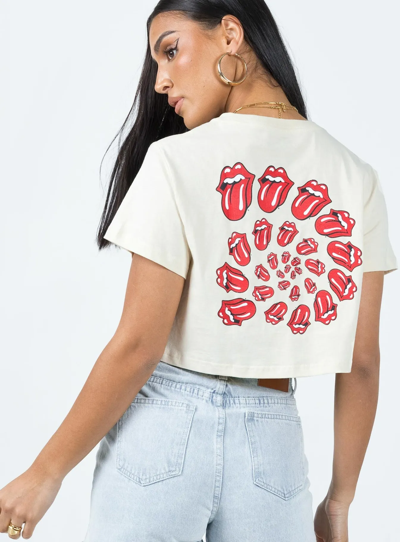 Princess Polly Rolling Stones Many Tongues Crop Tee Beige Hot