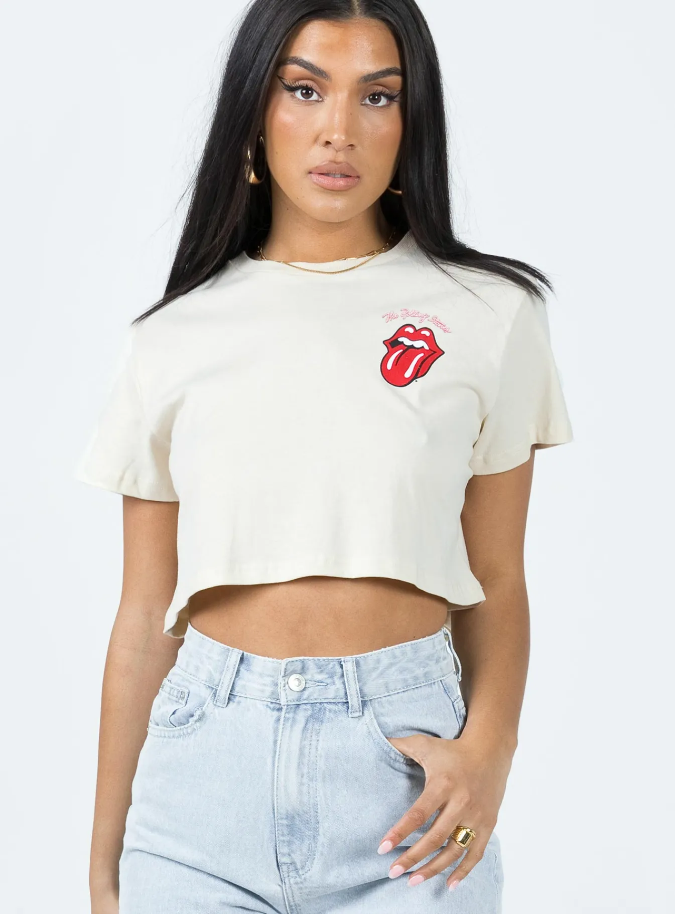 Princess Polly Rolling Stones Many Tongues Crop Tee Beige Hot