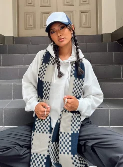 Princess Polly Ruthie Check Scarf Navy / White Blue Fashion