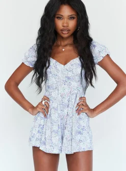 Princess Polly Sabrina Romper  Blue Floral Cheap