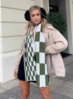 Princess Polly Sage Check Scarf/ White   Green Outlet