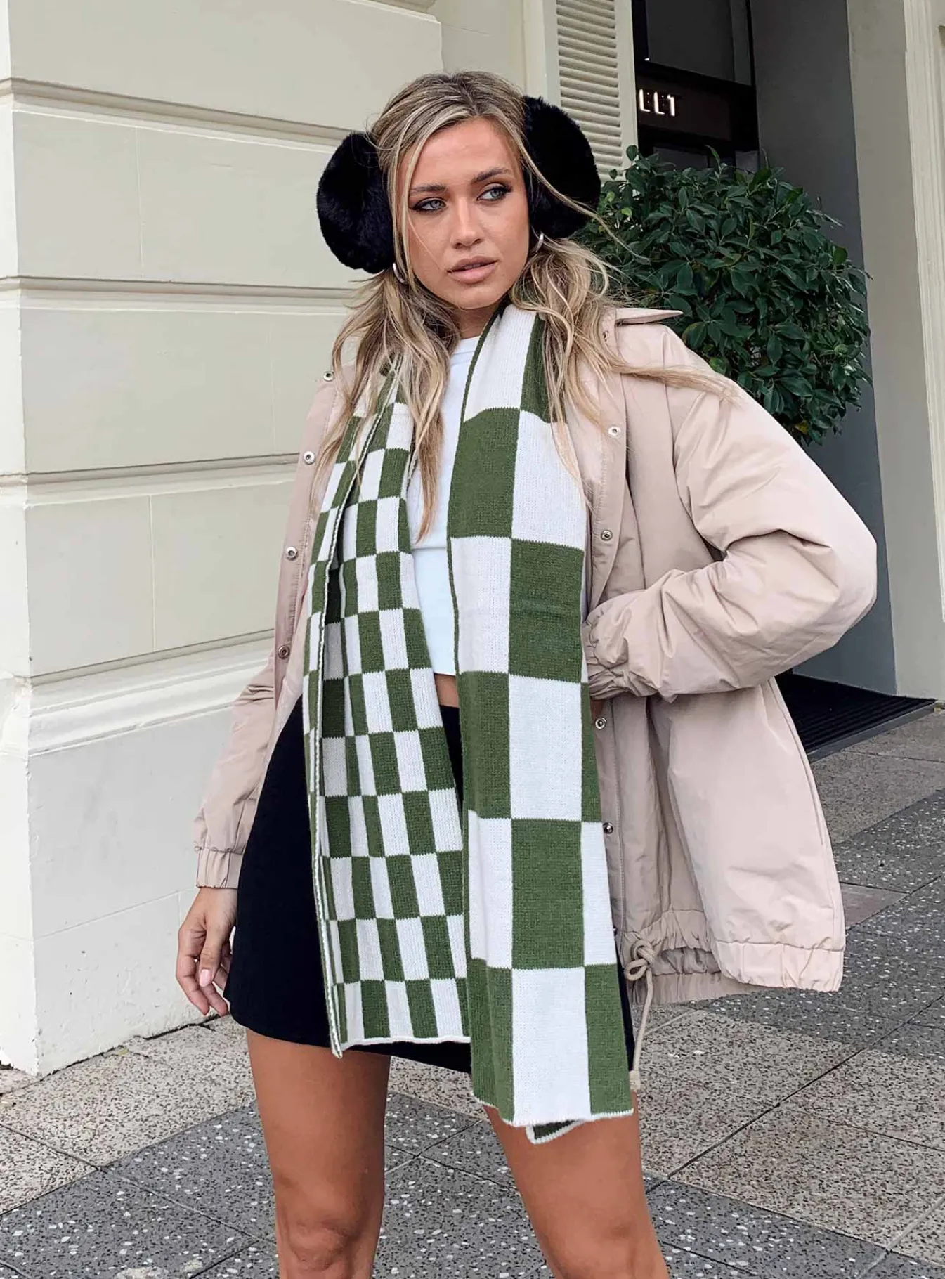 Princess Polly Sage Check Scarf/ White Green Outlet