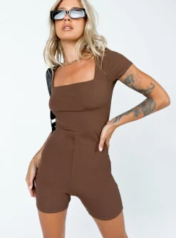 Princess Polly Sara Short Sleeve Romper  Brown New