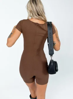 Princess Polly Sara Short Sleeve Romper Brown New