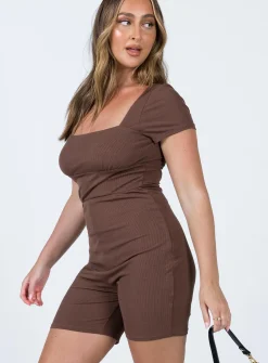 Princess Polly Sara Short Sleeve Romper Brown New