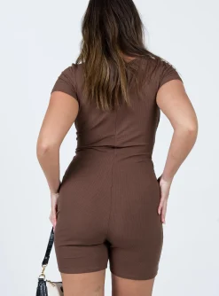 Princess Polly Sara Short Sleeve Romper Brown New