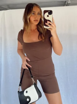 Princess Polly Sara Short Sleeve Romper Brown New