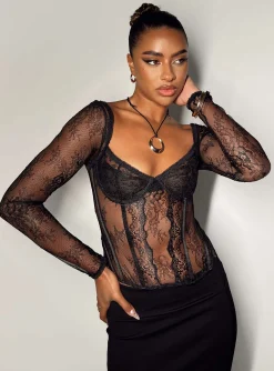 Princess Polly Some Like It Hot Long Sleeve Lace Corset  Black Cheap