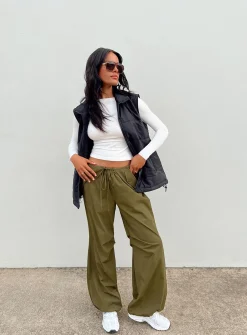 Princess Polly Somers Parachute Pant  Khaki Clearance