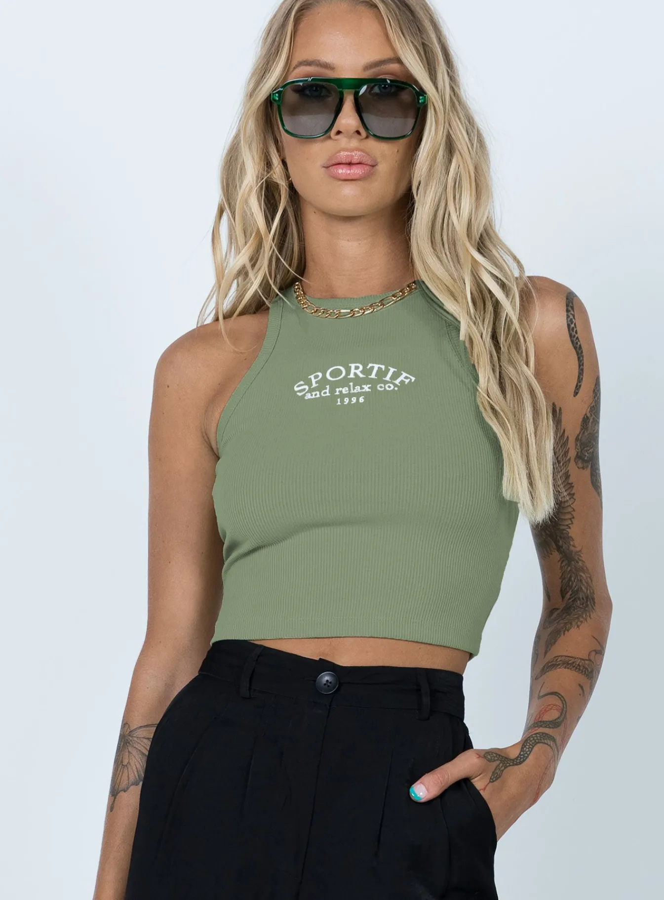 Princess Polly Striker Tank Top Sage Sale