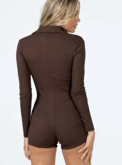 Princess Polly Susie Long Sleeve Romper Brown Hot