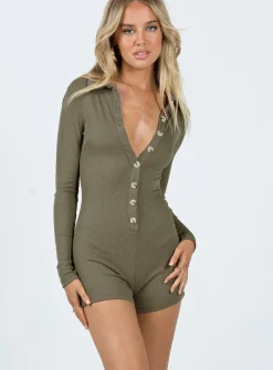 Princess Polly Susie Long Sleeve Romper  Khaki Flash Sale