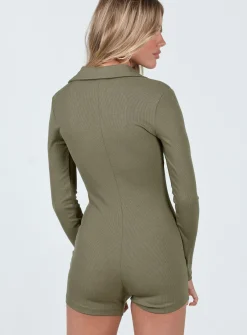 Princess Polly Susie Long Sleeve Romper Khaki Flash Sale