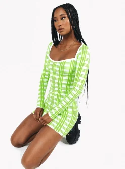 Princess Polly Sybil Long Sleeve Mini Dress/ White   Green Shop