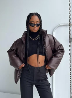 Princess Polly Thyne Quilted Puffer Jacket  Brown Discount