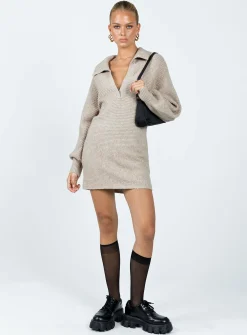 Princess Polly Tiara Long Sleeve Knit Mini Dress  Beige Best Sale