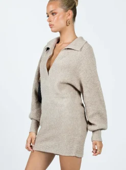 Princess Polly Tiara Long Sleeve Knit Mini Dress  Beige Best Sale