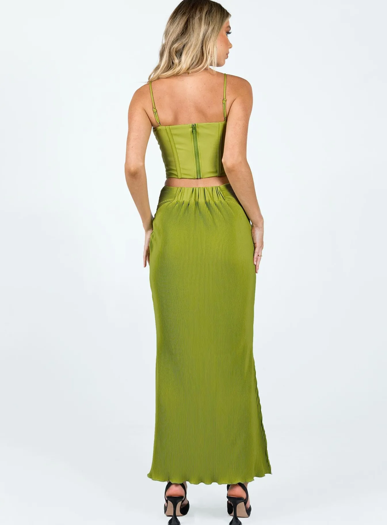 Princess Polly Topakas Plisse Maxi Skirt Green Clearance