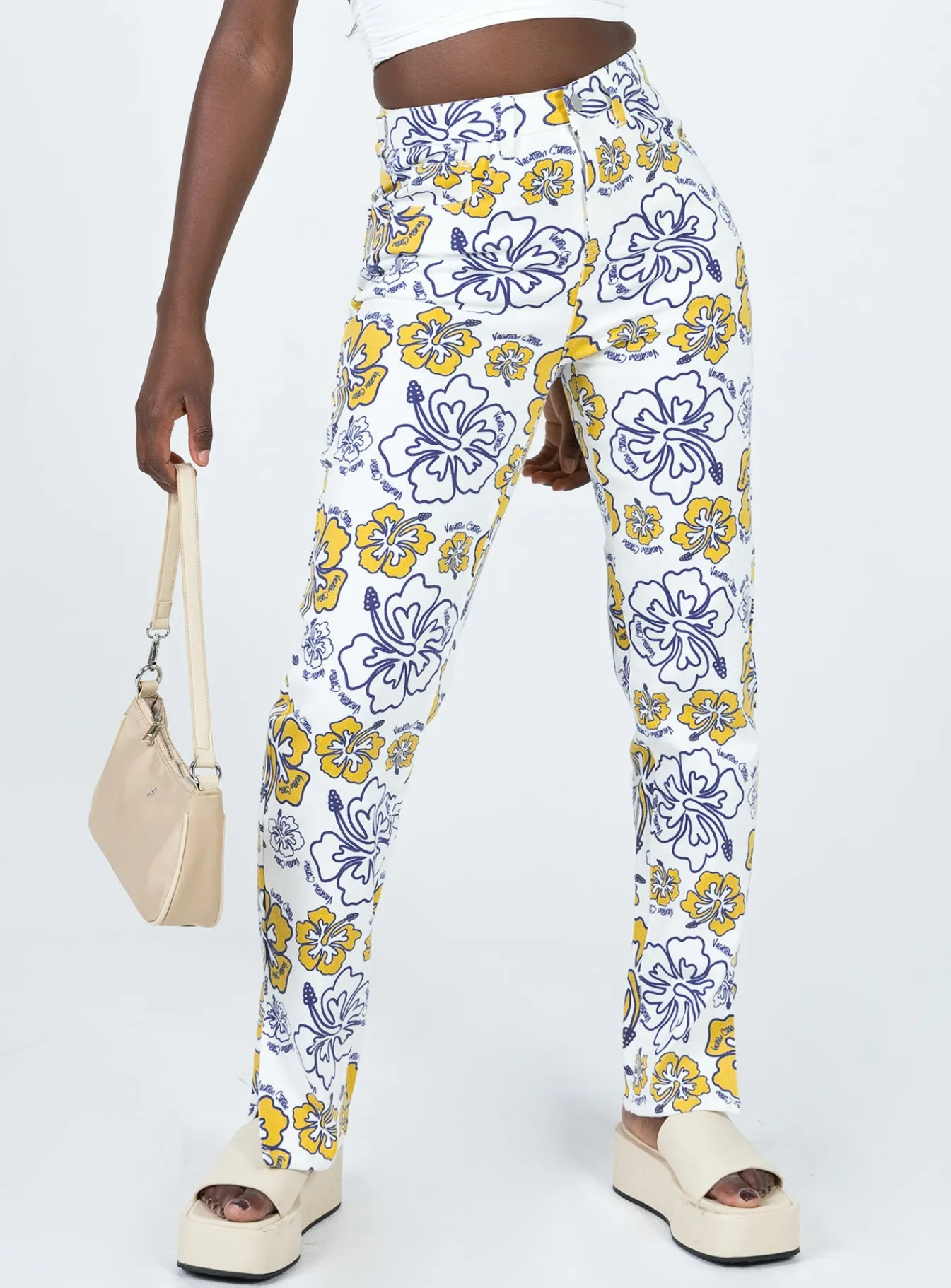 Princess Polly Tropical Dreams Straight Leg Denim Jeans Off White Clearance