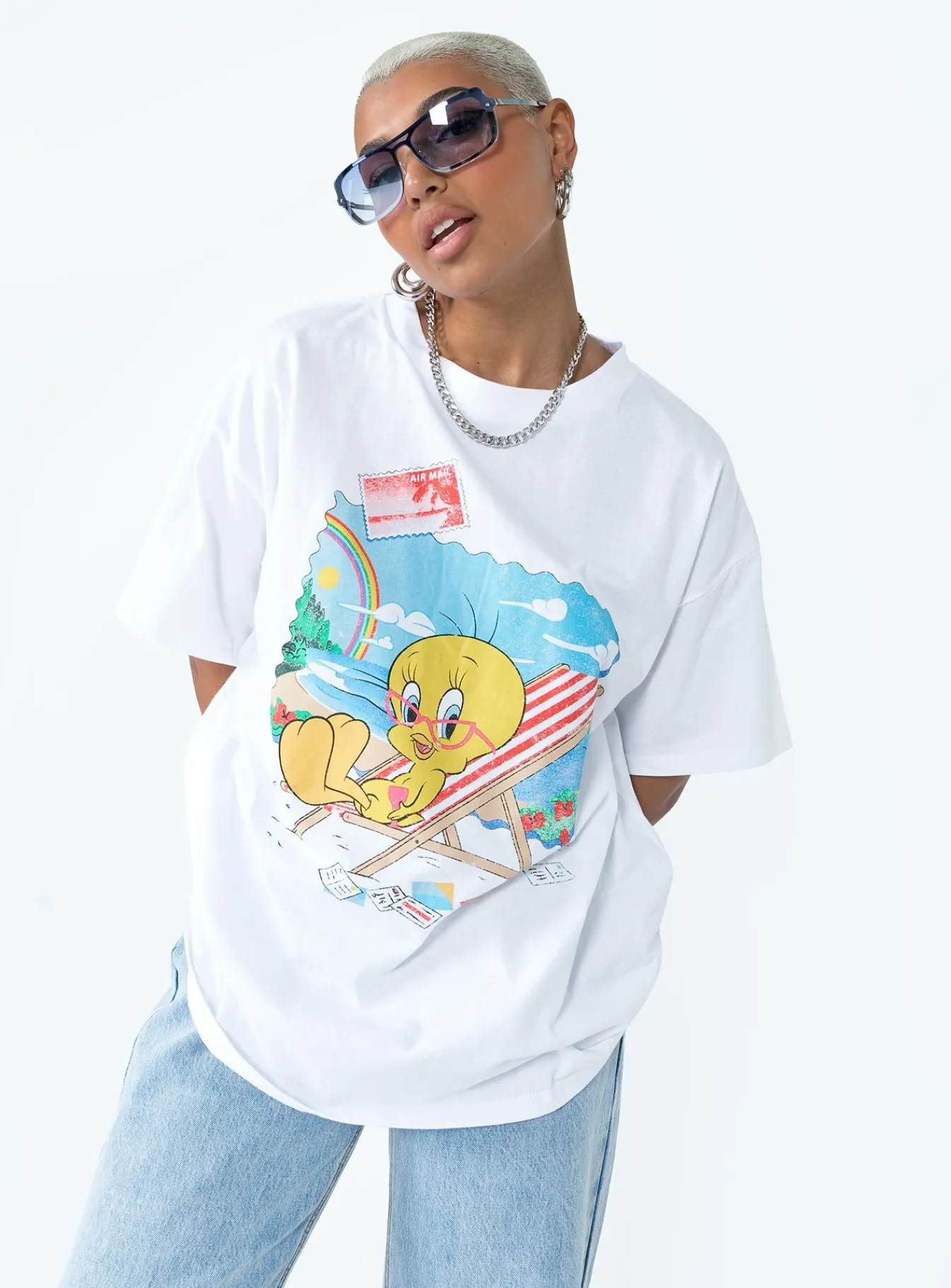 Princess Polly Tweety Post Card Vacation Oversized Tee White Discount