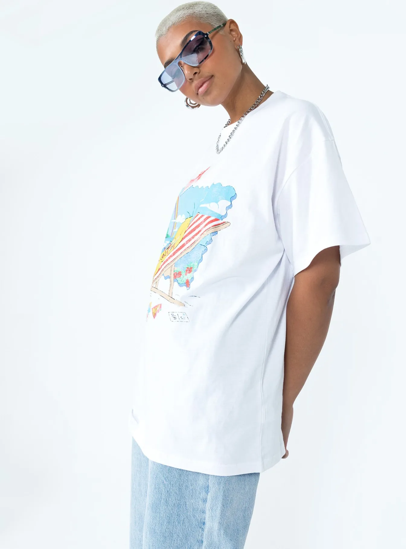 Princess Polly Tweety Post Card Vacation Oversized Tee White Discount