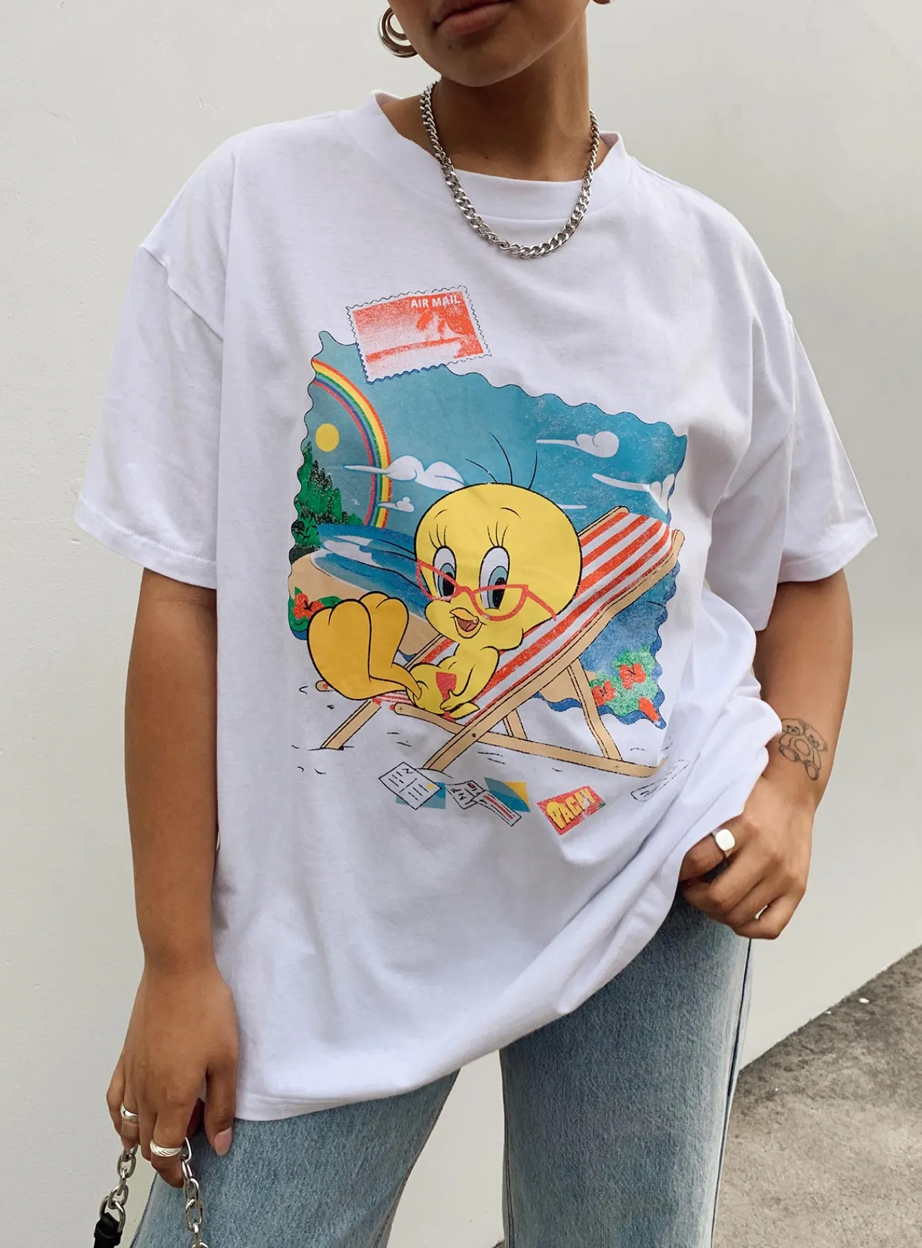 Princess Polly Tweety Post Card Vacation Oversized Tee White Discount