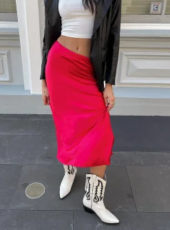 Princess Polly Tyra Satin Midi Skirt Red Shop